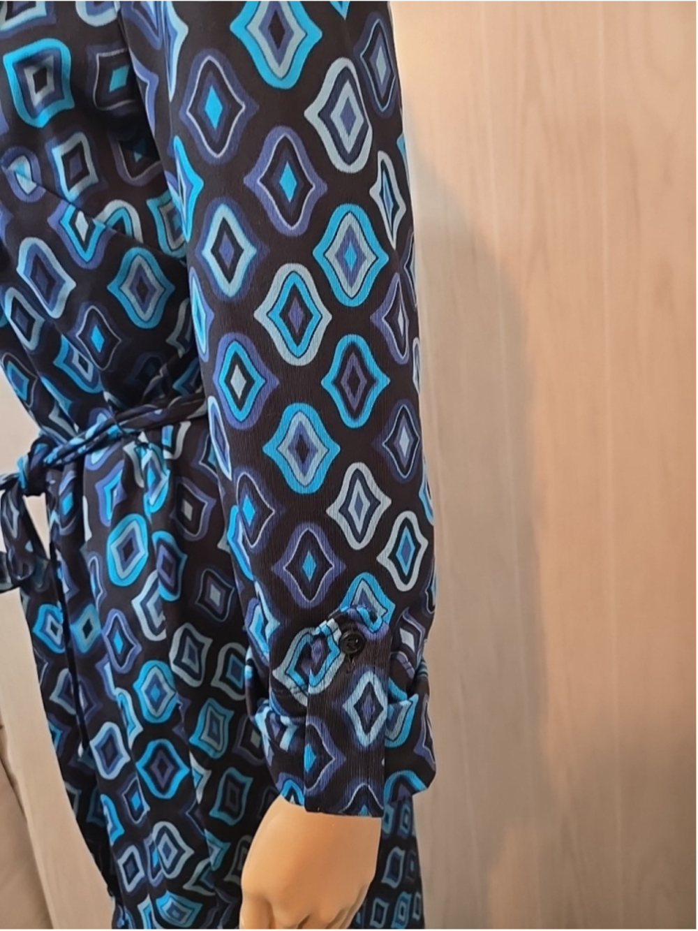 Ann Taylor Geo Print Shirt Dress Medium Navy Blue Midi Belted Button Front - Picture 7 of 8
